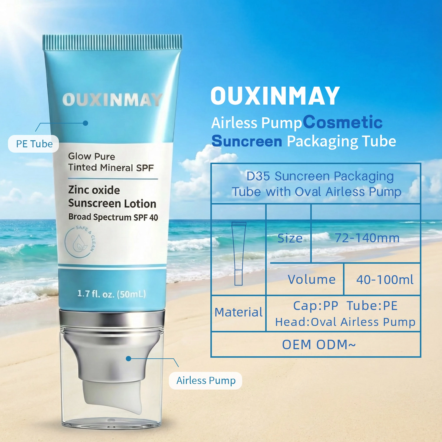 D35 Oval Pump Tube Sunscreen Airless Pump Packaging ABL Tube