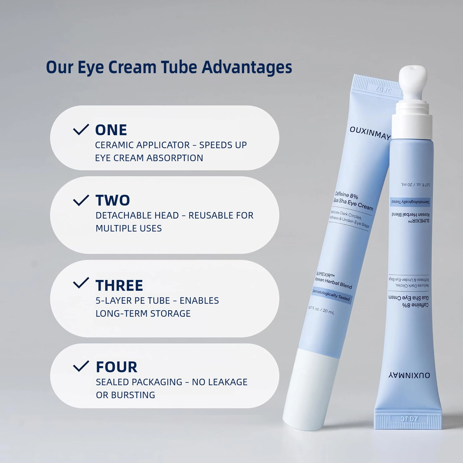 Custom Eye Cream Cosmetic Squeeze Tube 20ml PE Soft Tube with Metal Ceramics Massage Applicator Lip Balm Packaging Tube