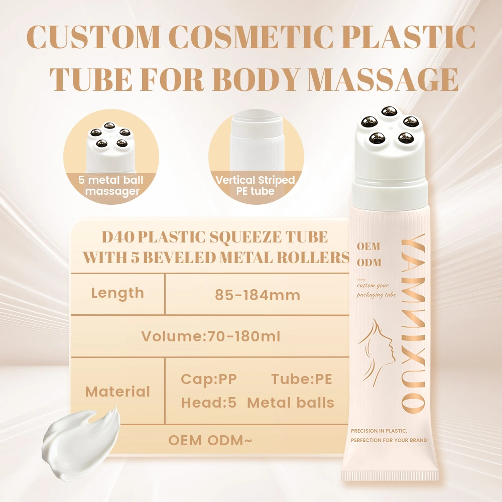 50mm Customized PE Massage Tube Massage Cream with 5 Metal Roller Ball Applicator and Screen Printing for Skincare Cosmetic Tube
